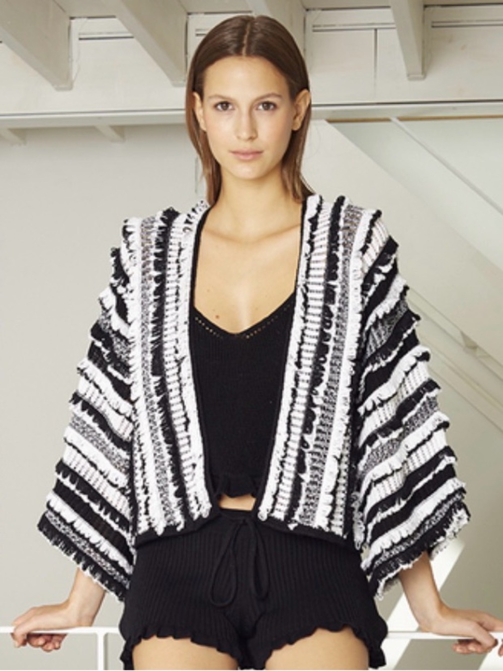 ELEVEN SIX Black and White Striped handmade Women's Cardigan/ Sweater